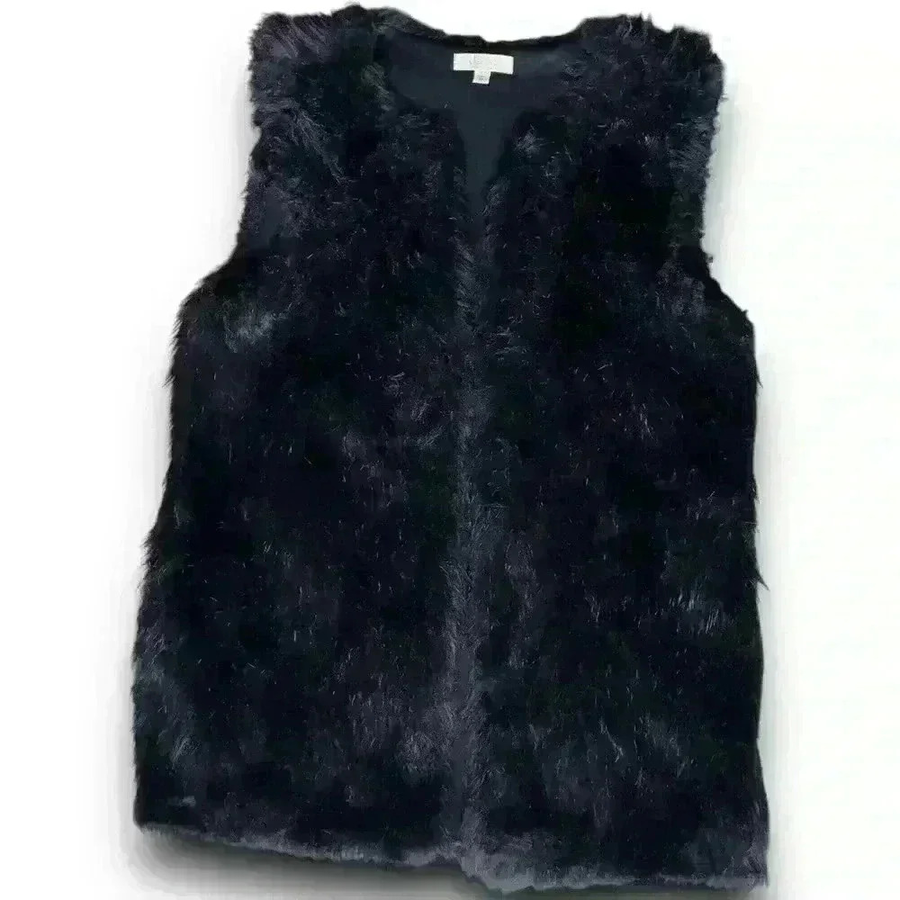 vtg‎ y2k black mobwife faux fur sleeveless vest hidden side pockets open front m